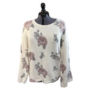 Lucky Brand Sweater Womens Large Cotton Blend Grey Pink Rose Floral Bell Sleeve